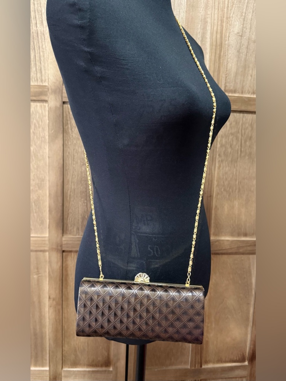 Elegant Brown Textured Evening Clutch with Gold Chain - Picture 9 of 9